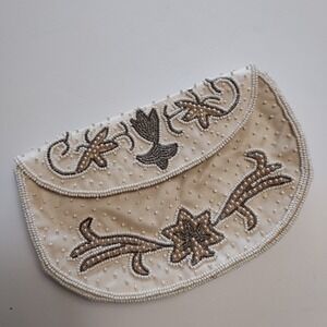 Vintage Dormar Ivory Cream Brown Beaded Handbag Clutch Purse Floral Japan